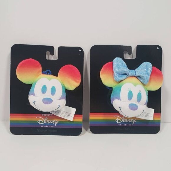 Disney Rainbow Collection Mickey and Minnie‎ Mouse Plush Backpack Clip Set of 2 - Picture 1 of 5